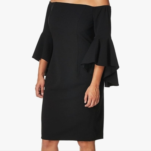 Calvin Klein Black Off the Shoulder 3/4 Bell Sleeve Whimsigoth Sheath Dress - Picture 2 of 15